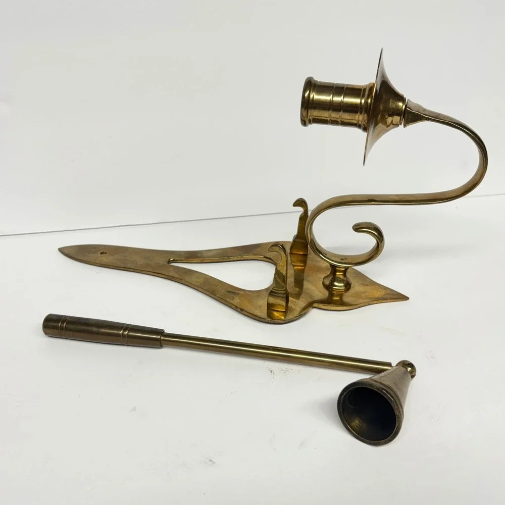 Vintage Brass Wall Mount Candle Holder with Snuffer Colonial Traditional